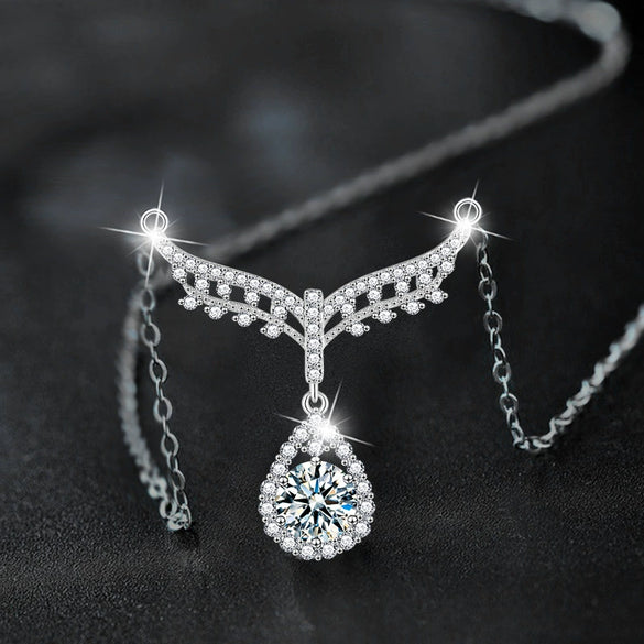 Women's S925 Sterling Silver Moissanite Water Drop And U Shape Fashion Geometric Pendant Necklace With Cross Chain