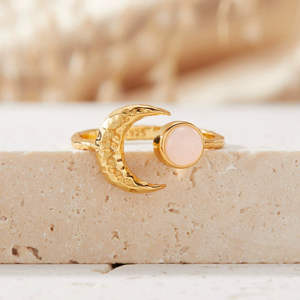 Women's S925 Sterling Silver Moon Shape Ring Set With Natural Jasper Gemstones