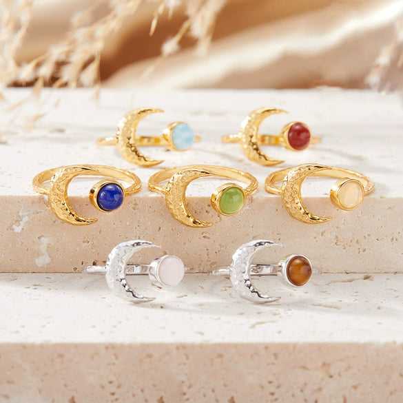 Women's S925 Sterling Silver Moon Shape Ring Set With Natural Jasper Gemstones