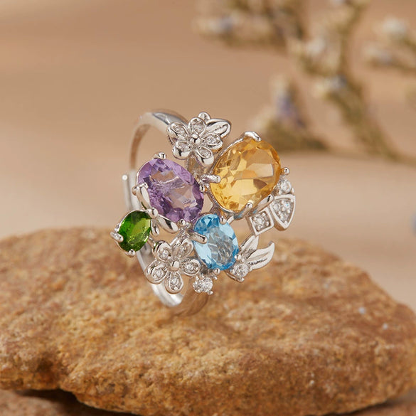 Women's S925 Sterling Silver Multicolor Gemstone Ring With Crystal And Flower Design Set With Crystal