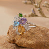 Women's S925 Sterling Silver Multicolor Gemstone Ring With Crystal And Flower Design Set With Crystal