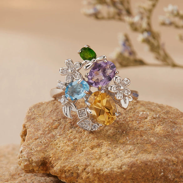 Women's S925 Sterling Silver Multicolor Gemstone Ring With Crystal And Flower Design Set With Crystal