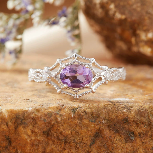 Women's S925 Sterling Silver Natural Amethyst Citrine Gemstone Ring With Spider Web Shape And Artistic Style