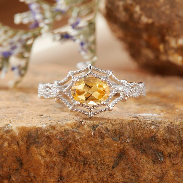 Women's S925 Sterling Silver Natural Amethyst Citrine Gemstone Ring With Spider Web Shape And Artistic Style