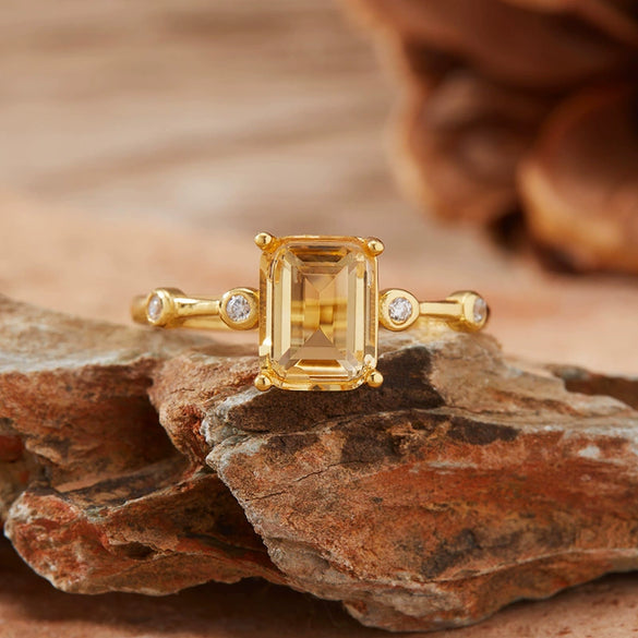 Women's S925 Sterling Silver Natural Amethyst Citrine Geometric Ring Set With Crystal