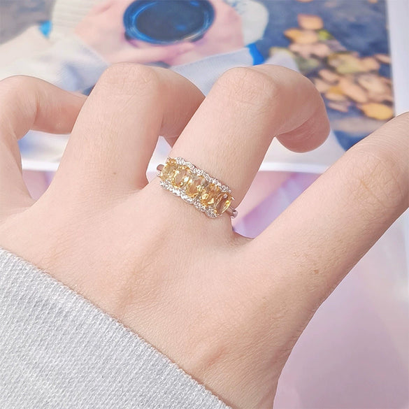 Women's S925 Sterling Silver Natural Citrine Geometric Crystal Set Ring Highend Sweet Style Jewelry