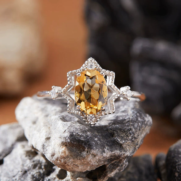 Women's S925 Sterling Silver Natural Colored Gemstone Garnet Topaz Peridot Amethyst Ring With Eight Pointed Star Shape