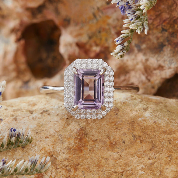 Women's S925 Sterling Silver Natural Colored Gemstone Ring With Crystal Sugar Cube Shape Geometric Pattern Set With Crystals Style