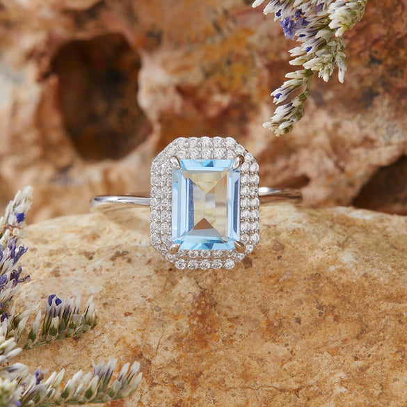 Women's S925 Sterling Silver Natural Colored Gemstone Ring With Crystal Sugar Cube Shape Geometric Pattern Set With Crystals Style