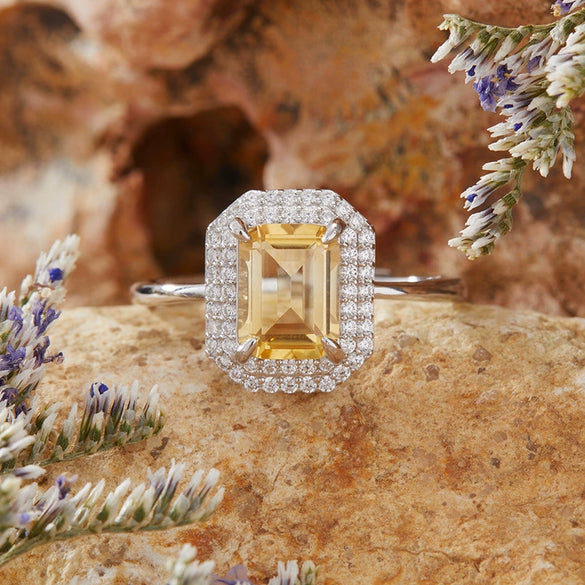 Women's S925 Sterling Silver Natural Colored Gemstone Ring With Crystal Sugar Cube Shape Geometric Pattern Set With Crystals Style