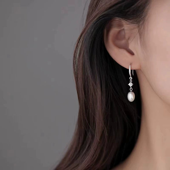 Women's S925 Sterling Silver Natural Freshwater Pearl Geometric Ear Hook Earrings Light Luxury Minimalist Elegant Exquisite Pearl Inlay Design