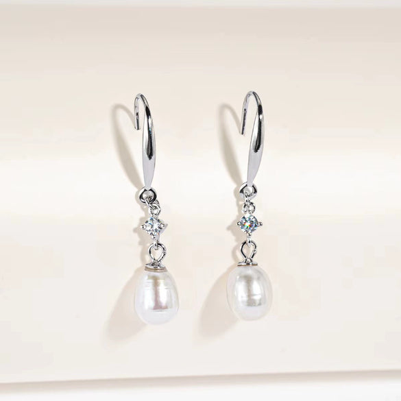 Women's S925 Sterling Silver Natural Freshwater Pearl Geometric Ear Hook Earrings Light Luxury Minimalist Elegant Exquisite Pearl Inlay Design