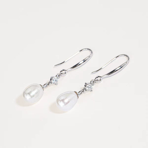 Women's S925 Sterling Silver Natural Freshwater Pearl Geometric Ear Hook Earrings Light Luxury Minimalist Elegant Exquisite Pearl Inlay Design