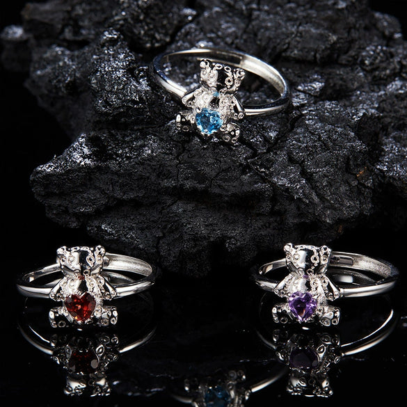 Women's S925 Sterling Silver Natural Gemstone Ring With Bear Love Open Design Geometric Cartoon Characters Style