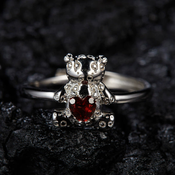 Women's S925 Sterling Silver Natural Gemstone Ring With Bear Love Open Design Geometric Cartoon Characters Style