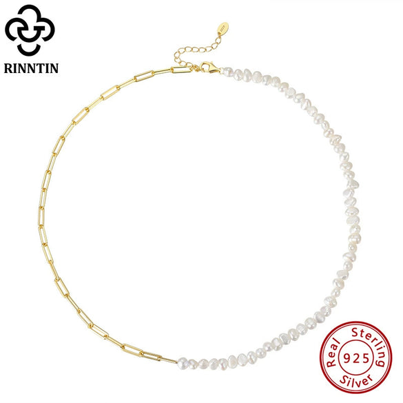 Women's S925 Sterling Silver Necklace With Natural Freshwater Baroque Pearl Geometric Pendant On Twisted Chain With Gold Plated Finish