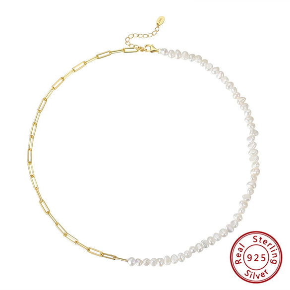Women's S925 Sterling Silver Necklace With Natural Freshwater Baroque Pearl Geometric Pendant On Twisted Chain With Gold Plated Finish