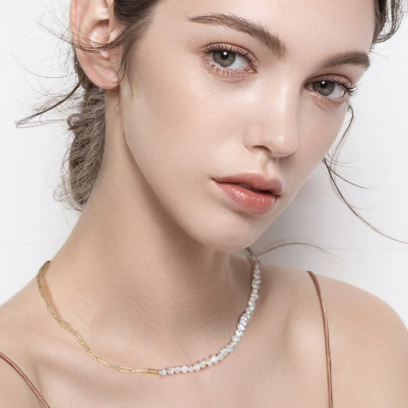 Women's S925 Sterling Silver Necklace With Natural Freshwater Baroque Pearl Geometric Pendant On Twisted Chain With Gold Plated Finish