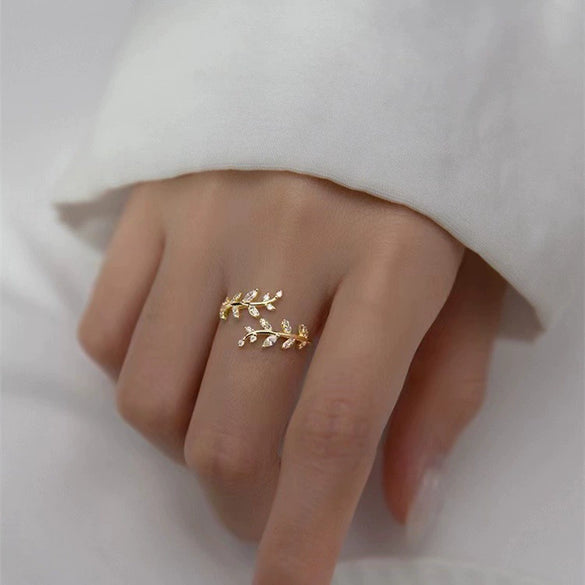 Women's S925 Sterling Silver Open Flower Branch Leaf Geometric Ring With Electroplating