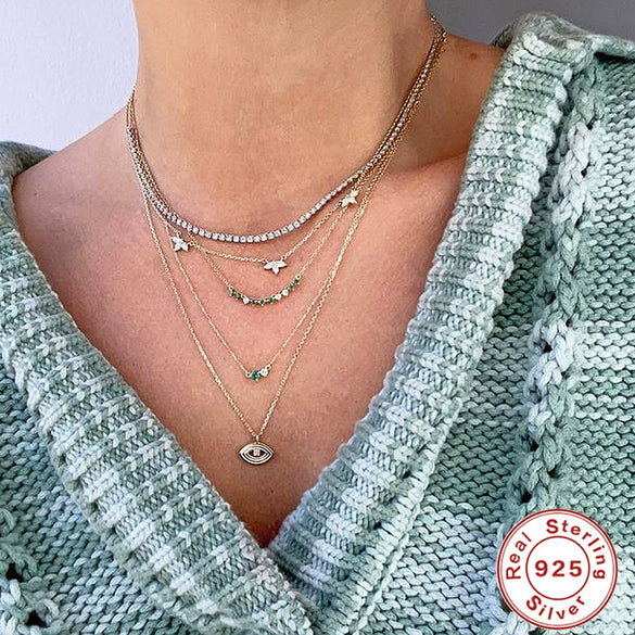 Women's S925 Sterling Silver Pearshaped Horse Eye Zircon Pendant Necklace With O Word Chain And Geometric Pattern Electroplated