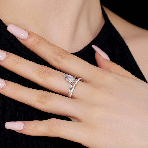 Women's S925 Sterling Silver Pearshaped Zircon Inlaid Irregular Doublelayer Geometric Electroplated Ring