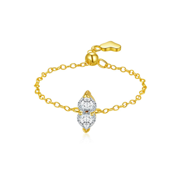 Women's S925 Sterling Silver Pullable Adjustable Chain Heart Ring With Electroplated Platinum Or 18K Gold Finish And Geometric Pattern