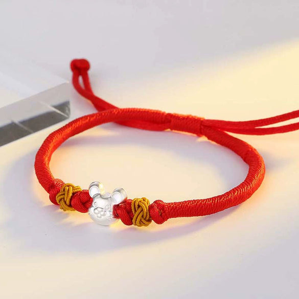 Women's S925 Sterling Silver Rat Zodiac Red Rope Bracelet Simple Handmade Woven Animal Charm Jewelry