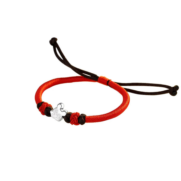 Women's S925 Sterling Silver Rat Zodiac Red Rope Bracelet Simple Handmade Woven Animal Charm Jewelry