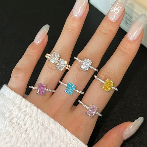 Women's S925 Sterling Silver Rectangular Geometric Style Ring With 8A Ice Flower Zirconium Simulated High Carbon Diamond Electroplated