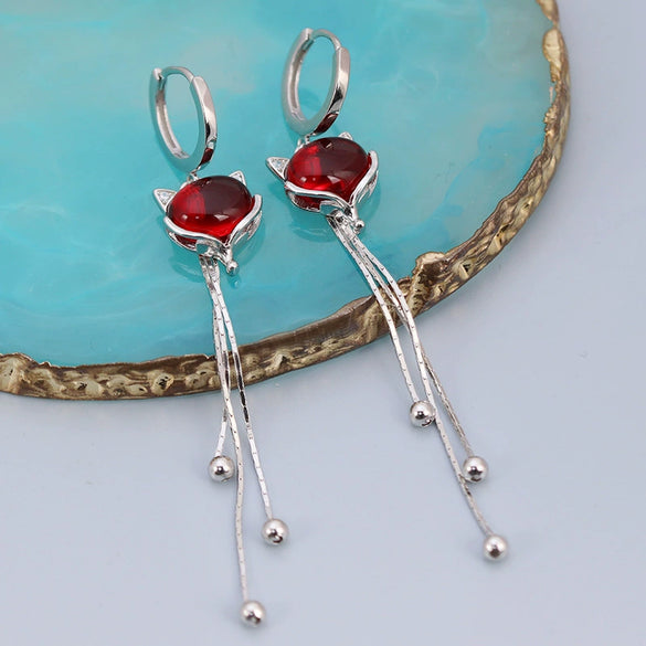 Women's S925 Sterling Silver Red Fox Tassel Earrings Elegant Animal Design Electroplated Fashion Jewelry