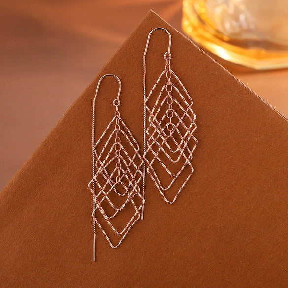 Women's S925 Sterling Silver Rhombus Inlaid Long Tassel Earrings Fashion Elegant Geometric Drop Earrings