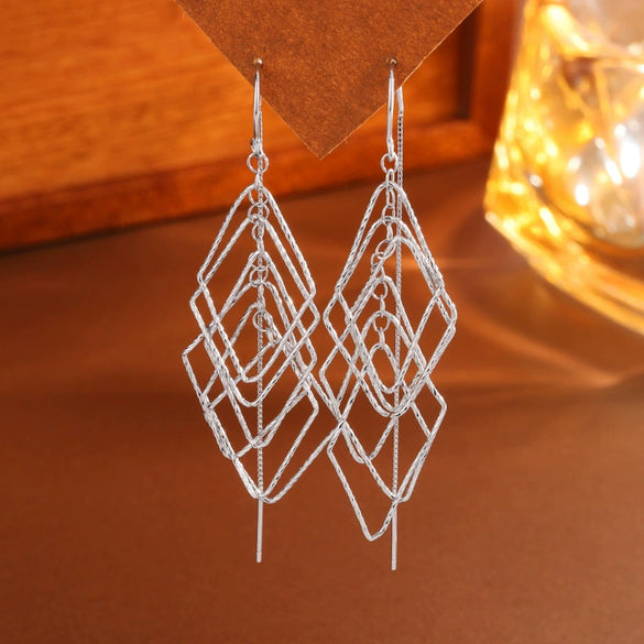 Women's S925 Sterling Silver Rhombus Inlaid Long Tassel Earrings Fashion Elegant Geometric Drop Earrings