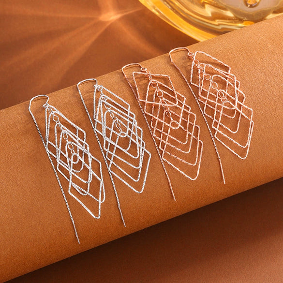 Women's S925 Sterling Silver Rhombus Inlaid Long Tassel Earrings Fashion Elegant Geometric Drop Earrings