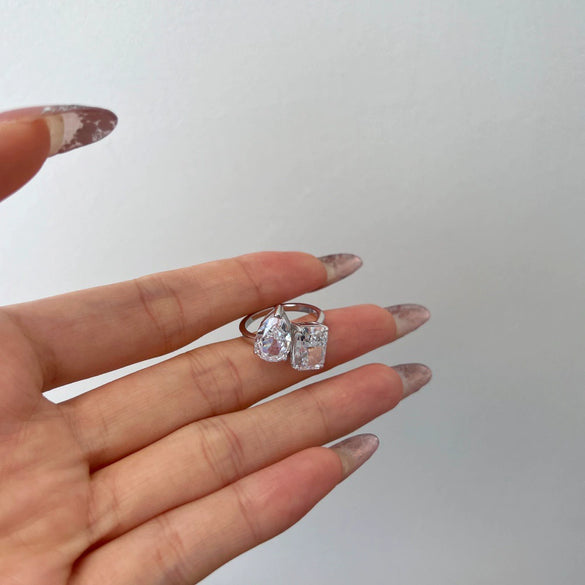 Women's S925 Sterling Silver Ring Geometric Style Pear Shape Square Ice Flower Cut Double Zircon Electroplated Design