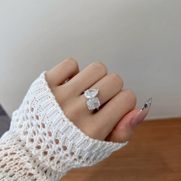 Women's S925 Sterling Silver Ring Geometric Style Pear Shape Square Ice Flower Cut Double Zircon Electroplated Design