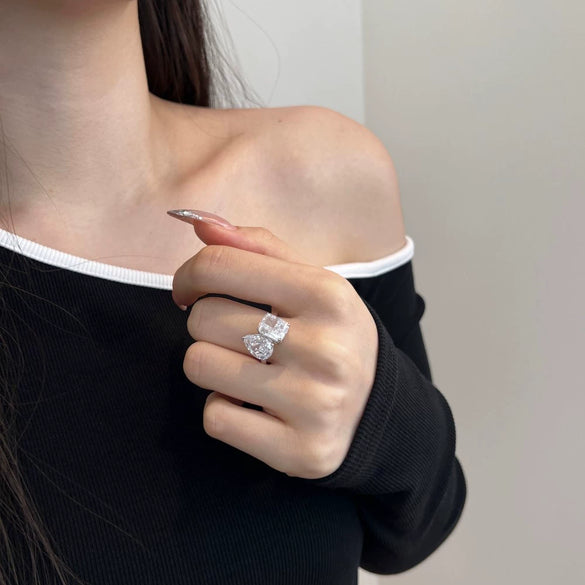 Women's S925 Sterling Silver Ring Geometric Style Pear Shape Square Ice Flower Cut Double Zircon Electroplated Design