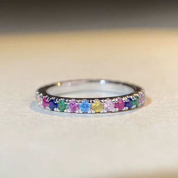 Women's S925 Sterling Silver Ring Geometric Style Rainbow Zircon Electroplated