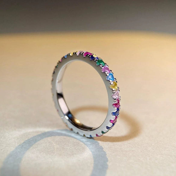 Women's S925 Sterling Silver Ring Geometric Style Rainbow Zircon Electroplated