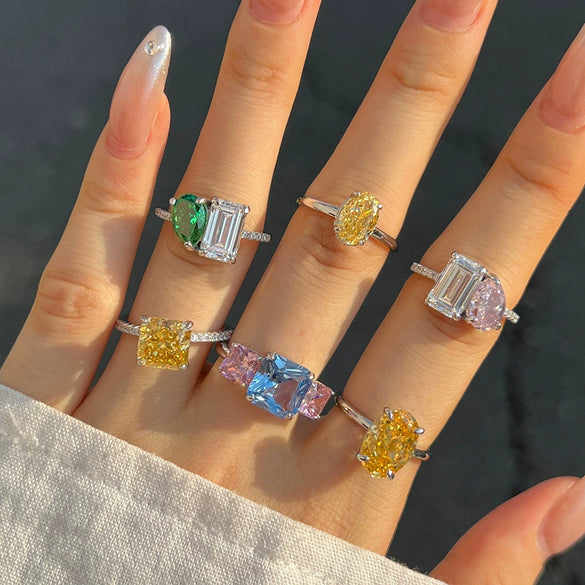 Women's S925 Sterling Silver Ring Light Luxury Geometric Ice Flower Cut High Carbon Diamond Electroplated