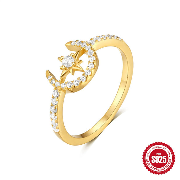 Women's S925 Sterling Silver Ring With High End Niche Design Star Moon Geometric Pattern And Electroplating Process