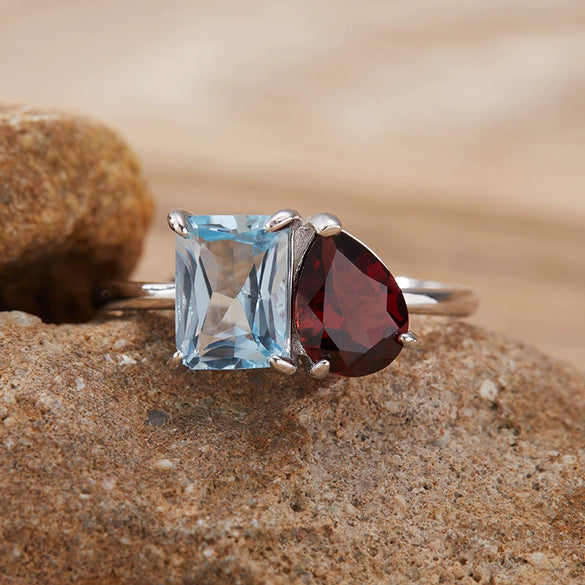 Women's S925 Sterling Silver Ring With Natural Topaz Garnet Amethyst Citrine Double Main Stone Geometric Drop Shape Crystal Set