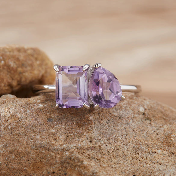 Women's S925 Sterling Silver Ring With Natural Topaz Garnet Amethyst Citrine Double Main Stone Geometric Drop Shape Crystal Set