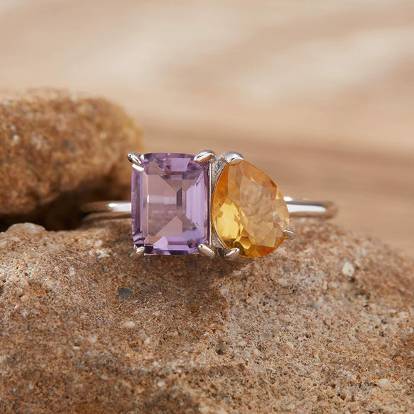 Women's S925 Sterling Silver Ring With Natural Topaz Garnet Amethyst Citrine Double Main Stone Geometric Drop Shape Crystal Set