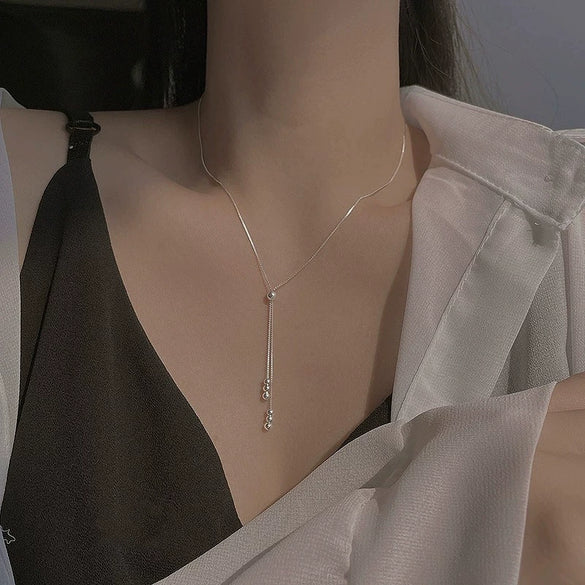 Women's S925 Sterling Silver Simple Geometric Bean And Round Bead Tassel Necklace Adjustable Box Chain Clavicle Necklace Electroplated