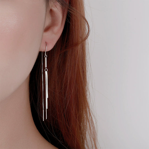 Women's S925 Sterling Silver Simple Geometric Long Tassel Ear Line Earrings Elegant Light Luxury Ear Hook Style