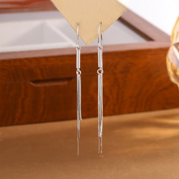 Women's S925 Sterling Silver Simple Geometric Long Tassel Ear Line Earrings Elegant Light Luxury Ear Hook Style