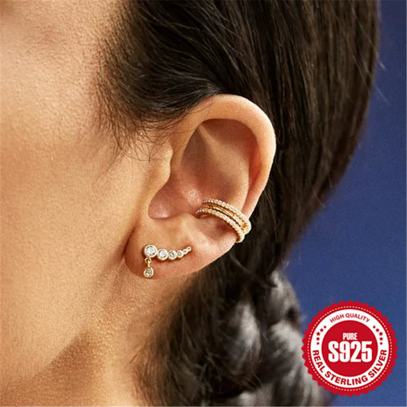 Women's S925 Sterling Silver Single Row Round Diamond Geometric Ear Clips With Fashion Niche Design Sense