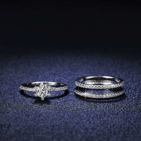 Women's S925 Sterling Silver Stacking Rings With Moissanite And Geometric Pattern Electroplated