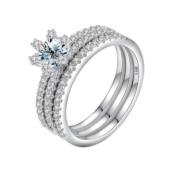 Women's S925 Sterling Silver Stacking Rings With Moissanite And Geometric Pattern Electroplated
