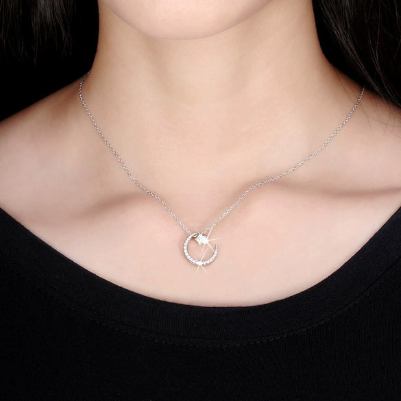 Women's S925 Sterling Silver Star And Moon Necklace With Micro Inlay Full Diamond Pendant Water Wave Clavicle Chain Electroplated Jewelry